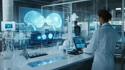 Scientist analyzing holographic data in futuristic lab environment with digital interface
