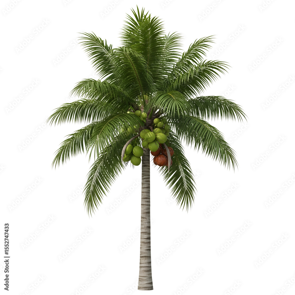 Fototapeta premium A detailed realistic rendering of a mature coconut palm tree with green and brown coconuts isolated on transparent background