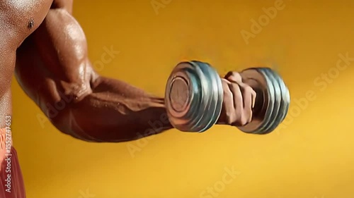 African-American man trains his biceps with dumbbells on yellow background close-up shot