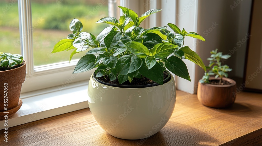 Fototapeta premium Lush basil plant in pot with windowsill.