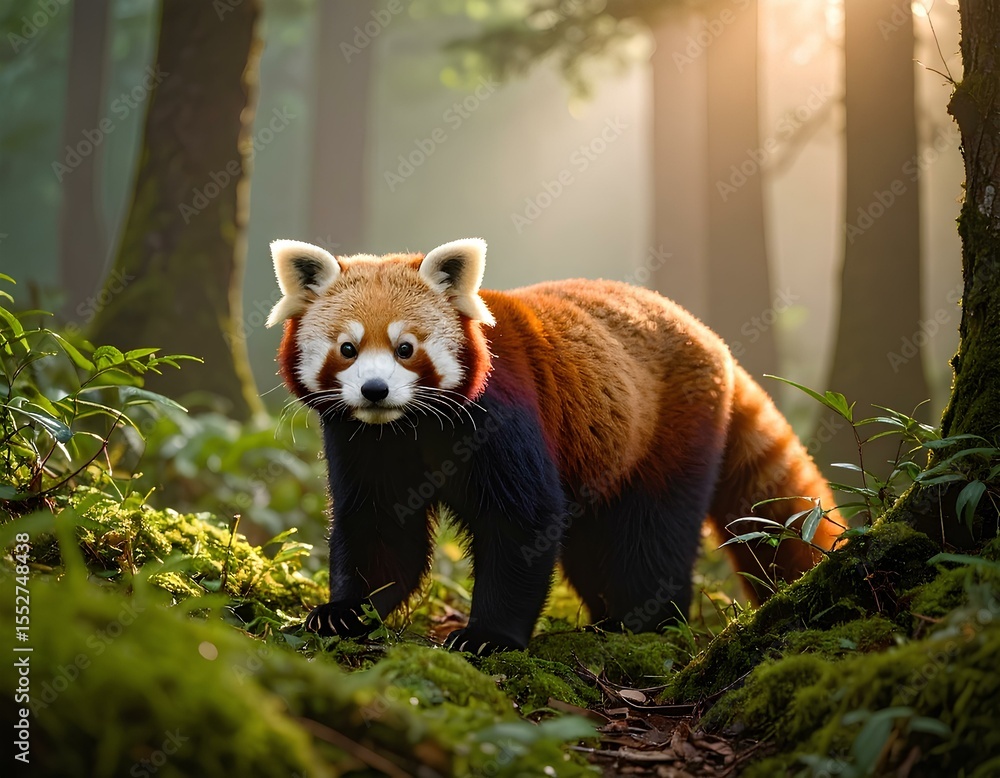 Fototapeta premium Red Panda Through a Cool, Moist Forest at Sunrise.