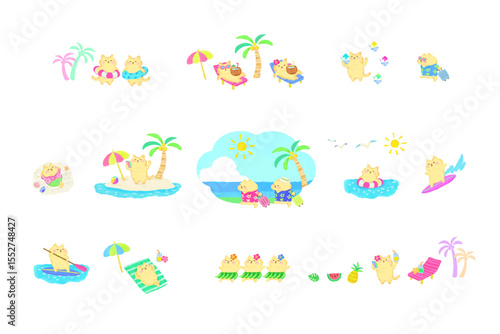 夏リゾートを楽しむ猫達のかわいい水彩イラストセット
