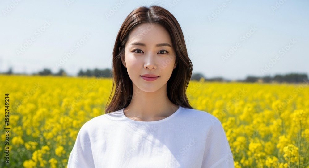 Portrait of a Beautiful Asian Woman in a Yellow Flower Field Portrait of a Beautiful Asian Woman in a Yellow Flower Field