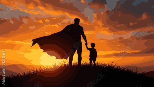 Silhouette of Father and Son at Sunset, Superhero Cape