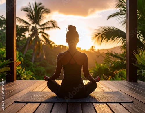 A woman practicing yoga outdoors at sunrise, captured in silhouette with warm morning light — perfect for wellness, spirituality, and mindful living themes