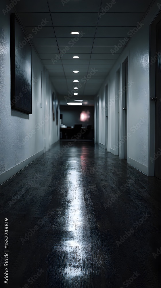 Deserted corporate hallway with a single lit office room Deserted corporate hallway with a single lit office room