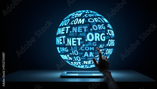 Hand touches a sphere with domain names above a laptop on a table