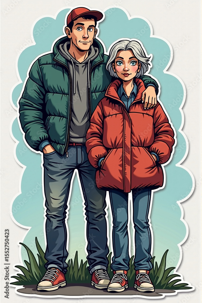 Fototapeta premium Man and a woman are standing next to each other, both wearing jackets. The man is wearing a green jacket and the woman is wearing a red jacket. They are both smiling