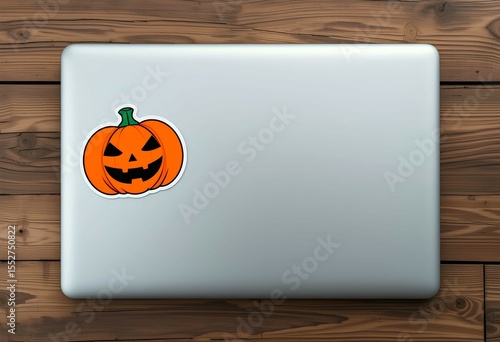 A Halloween pumpkin sticker is attached to the back cover of a laptop place on wooden background