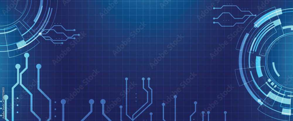 Obraz premium Digital circuit tech background with flowing lines and arrows on a blue futuristic grid.