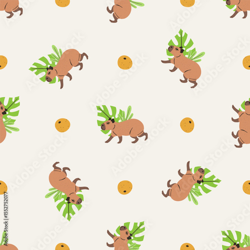 Seamless pattern with funny cartoon capybara and oranges on white background. Cute South American animal repeat design for children. Vector illustration