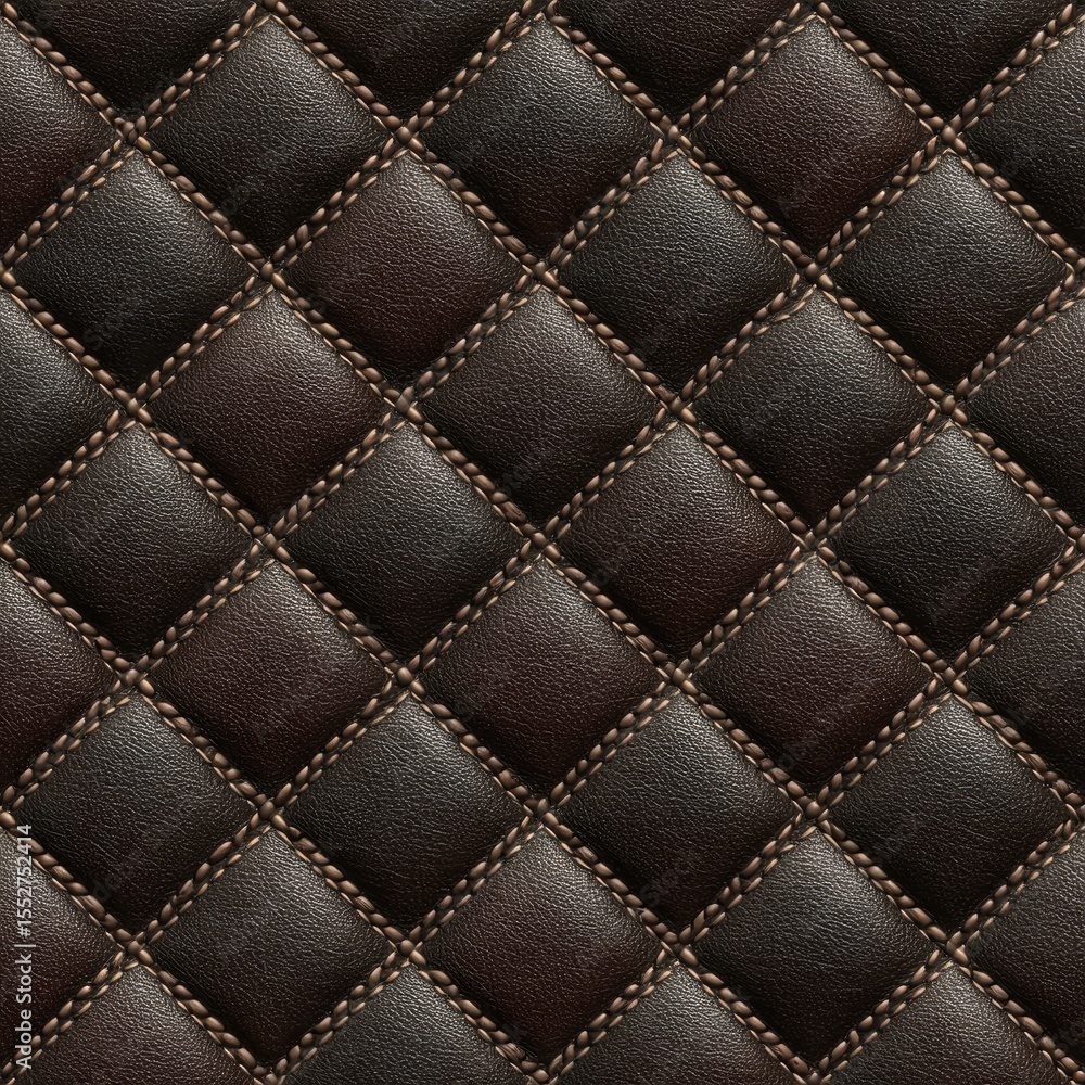Naklejka premium Diamond-patterned quilted leather in dark brown and black shades, stitched with a lighter brown thread. The texture is luxurious and shows subtle shading