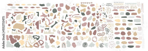 Bundle of neutral abstract organic shapes and blots isolate on white background. Earthy tones cutout elements collection for collages. Set of splashes and paint strokes for modern design.