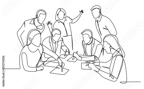 Continuous one line drawing of a group of men and women in business suits having a meeting and discussing work with gadgets. concept of success in business. Vector illustration.