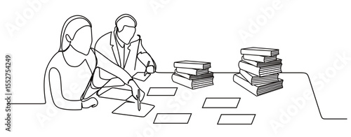 Continuous one line drawing of a group of men and women in work clothes having a meeting and discussing work with gadgets and books. concept of success in business. Vector illustration.