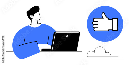 Person working on laptop with a large thumbs-up icon, emphasizing approval and positivity. Ideal for workplace motivation, remote work, productivity, approval, teamwork, social interaction, simple