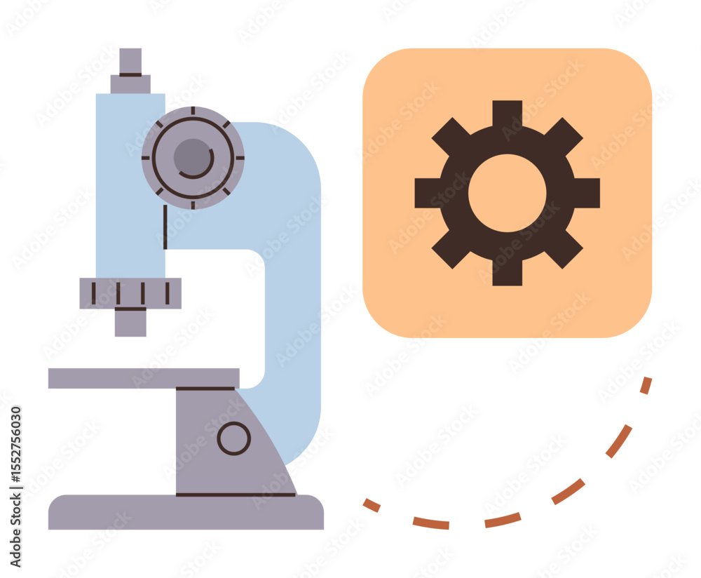 Blue microscope with a gear symbol in an orange square, linked by a dashed line. Ideal for science, research, innovation, engineering, discovery, education technology. Simple flat metaphor Blue microscope with a gear symbol in an orange square, linked by a dashed line. Ideal for science, research, innovation, engineering, discovery, education technology. Simple flat metaphor
