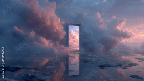 Surreal Doorway Reflecting Sunset Sky in Dreamlike Landscape