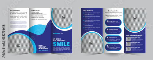 Dental clinic tri-fold brochure Design template featuring services, expert profiles, and contact info. Perfect for attracting new patients 