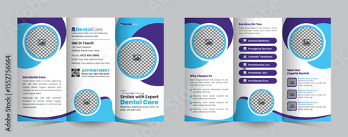 Dental clinic tri-fold brochure Design template featuring services, expert profiles, and contact info. Perfect for attracting new patients 