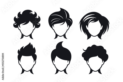 set of six hairstyle silhouette on white background
