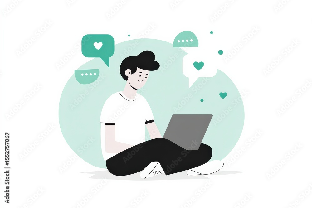 Flat illustration of happy young man sitting with laptop, sending messages and likes on social media, modern online communication concept, Flat Illustration Flat illustration of happy young man sitting with laptop, sending messages and likes on social media, modern online communication concept, Flat Illustration