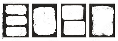 Grunge frames set templates. Ink paint border with rough edges for poster and banner. Retro textured overlays. Rectangular old black abstract flyer backgrounds. Vector design illustration.