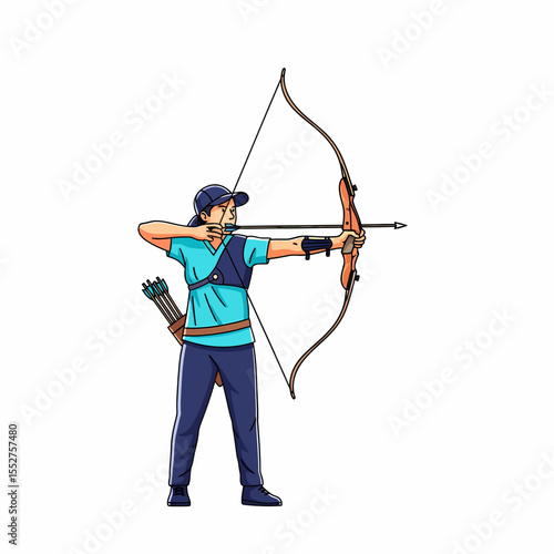 Skilled Archer Focused on Precision Aiming with Traditional Bow and Arrows
