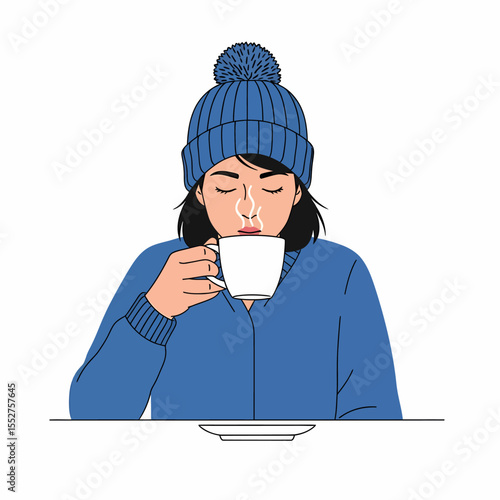 Young woman wearing blue beanie and jacket enjoying hot beverage on cold day