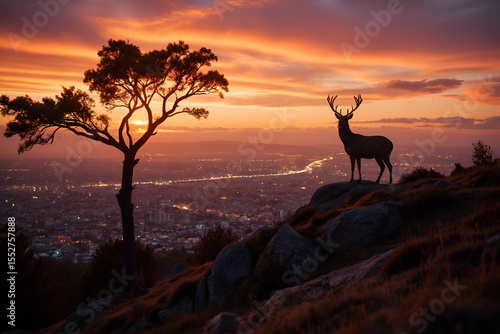  Majestic Deer Standing on Mountain Cliff at Sunset Overlooking Cityscape with Dramatic Sky and Silhouetted Tree