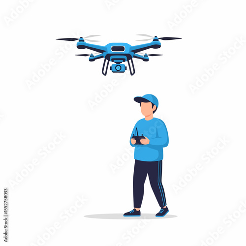 Man controlling a drone with remote control flying overhead outdoor