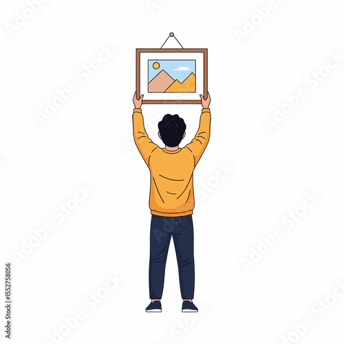 Man Holding Up Framed Landscape Artwork Proudly Displaying Art Creation