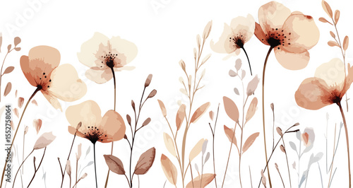Elegant watercolor floral border with beige and brown flowers illustration