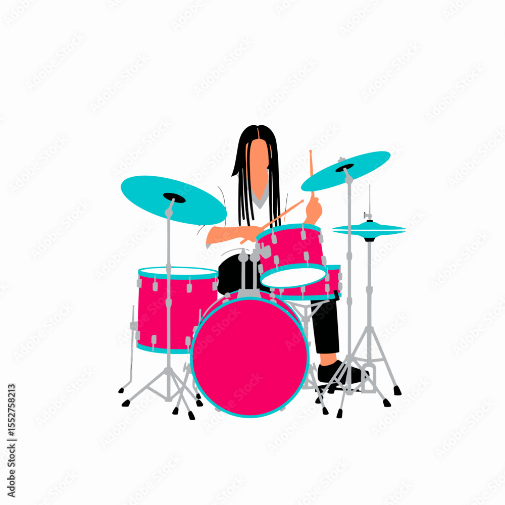 Fototapeta premium Young Person with Dreadlocks Playing Drum Set Enthusiastically
