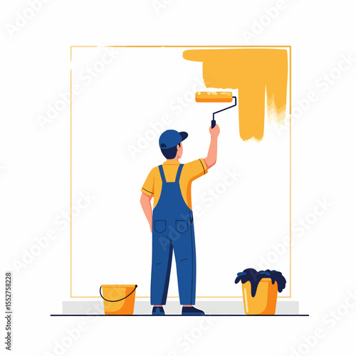Skilled painter with roller applying yellow paint to interior wall during home renovation