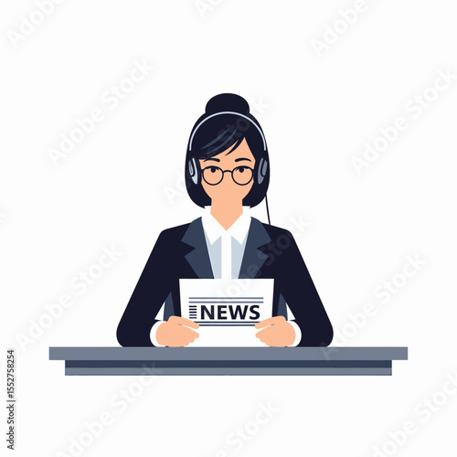Professional woman news anchor wearing headset reads newspaper at desk