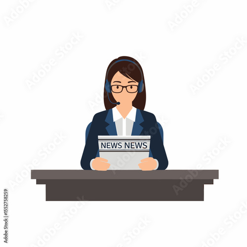 Professional Woman Presenting News Holding Newspaper at Desk with Headset