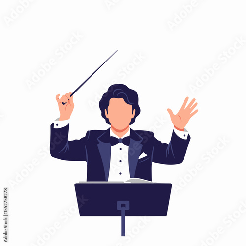 Conductor leading orchestra with baton and musical score in elegant tuxedo