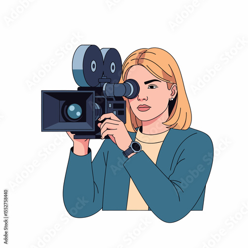 Woman filming with vintage movie camera production cinema filmmaker