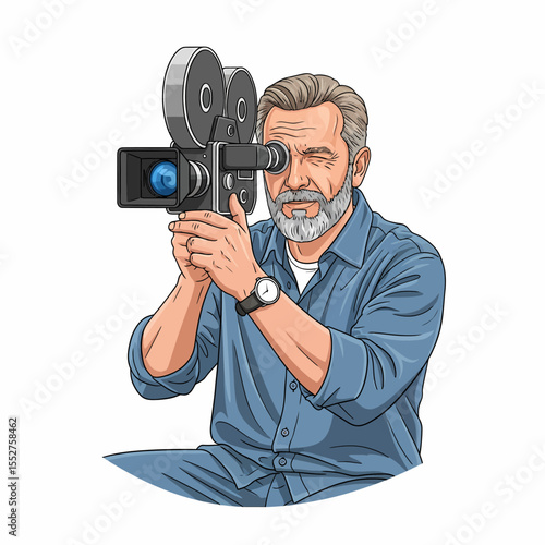 Elderly Filmmaker Operating Vintage Movie Camera Focusing Through Viewfinder