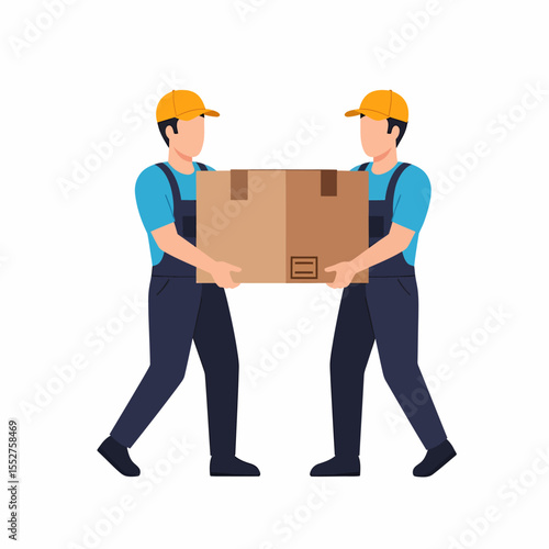 Two Movers Carry Cardboard Box Together Professional Moving Service Team Assistance