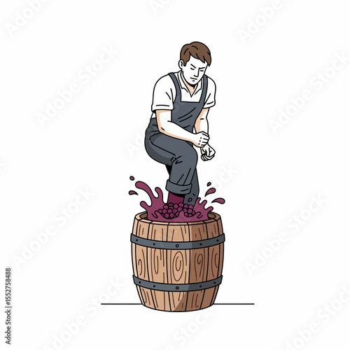 Man stomping grapes in barrel to make wine traditional vineyard process