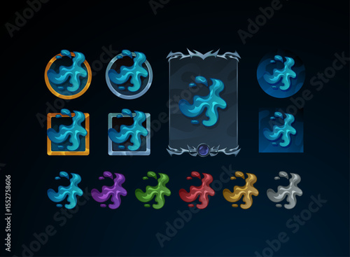 set of fantasy gothic medieval button, skill symbol and card design with water magic elements in blue and various color