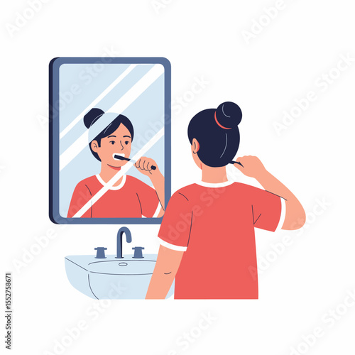 Young Woman Brushing Teeth in Bathroom Mirror Morning Routine Hygiene