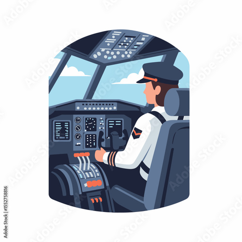 Experienced pilot in uniform controls aircraft cockpit during flight