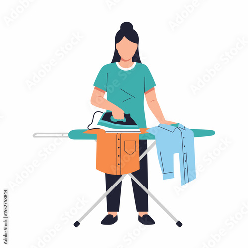 Woman ironing clothes on a board domestic household chore
