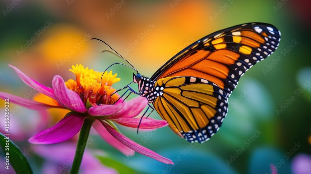 Fototapeta premium A vibrant monarch butterfly perched upon a beautiful pink flower
