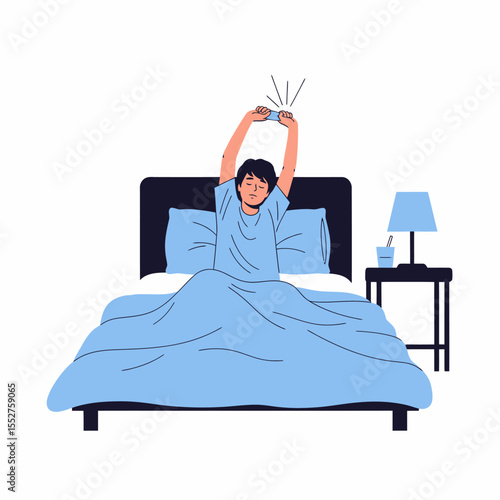 Person waking up stretching arms and reaching for alarm clock in cozy bed morning routine concept