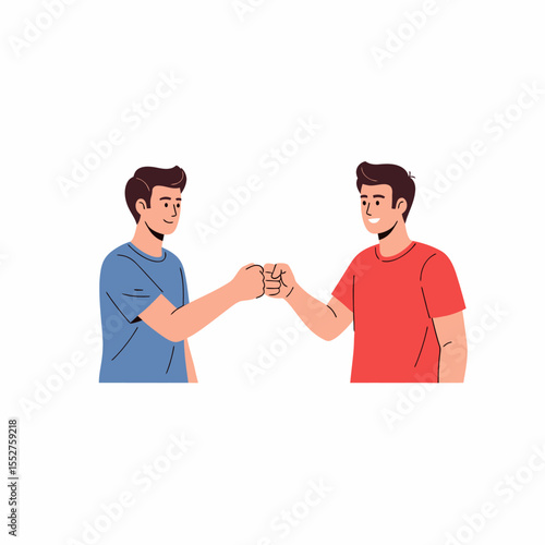 Two smiling men giving each other a fist bump in a friendly gesture of agreement and success