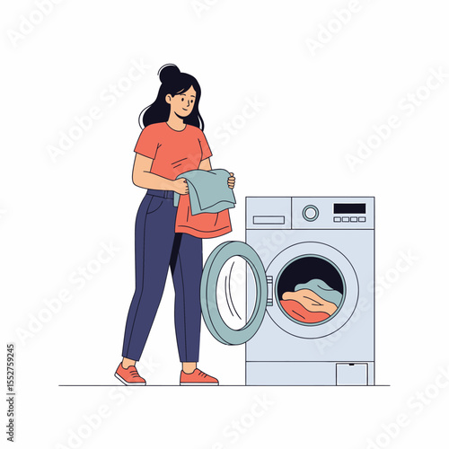 Woman loading laundry into a washing machine for household chores